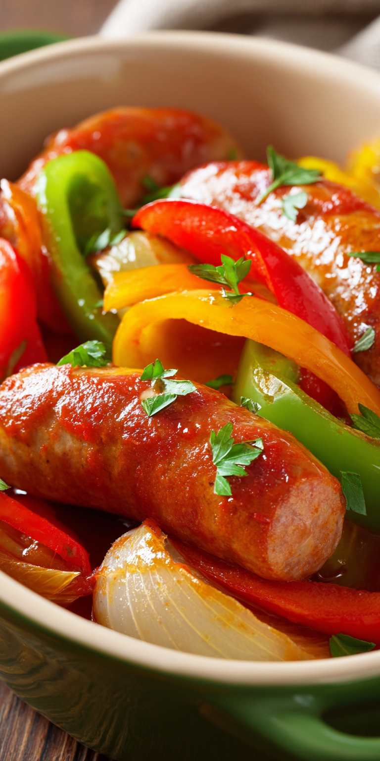Slow Cooker Sausage and Peppers served warm with cozy spices