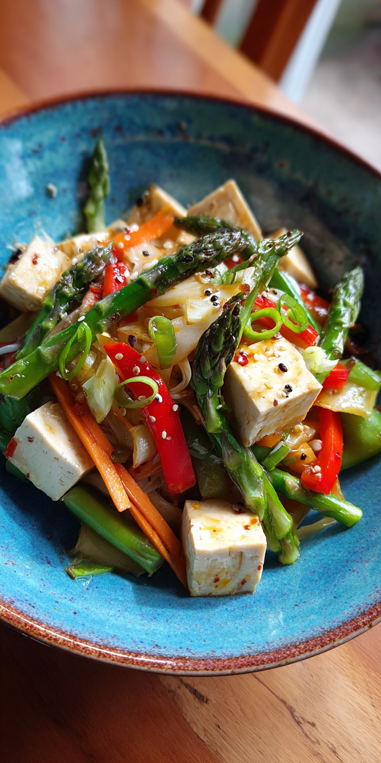 Spring Veggie Stir Fry with Tofu served warm with cozy spices