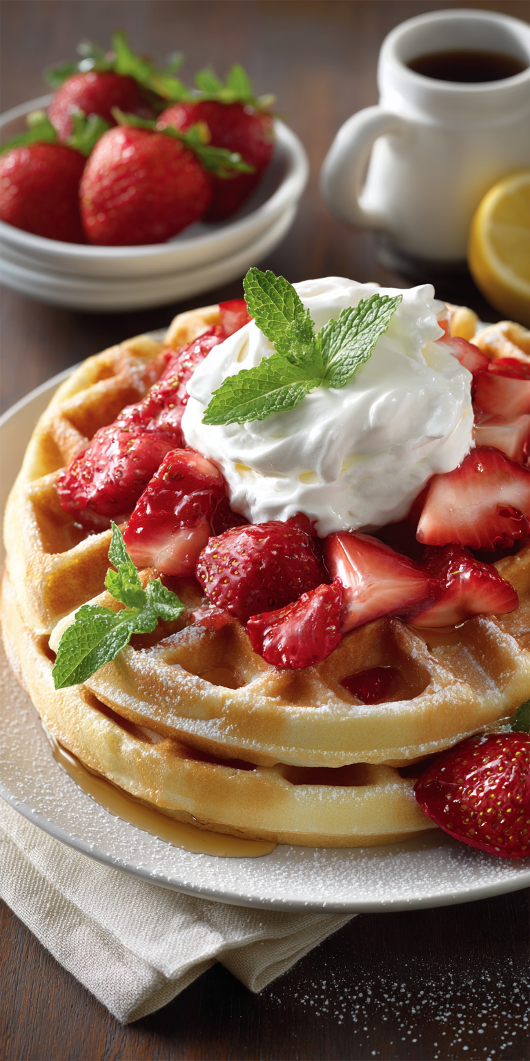 Strawberry Shortcake Waffles Breakfast served warm with gentle spices and a cozy aroma