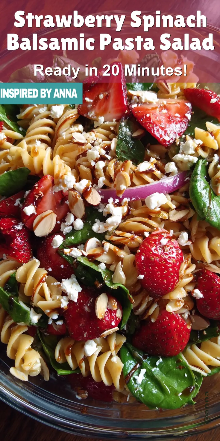 Strawberry Spinach Balsamic Pasta Salad served warm with cozy spices