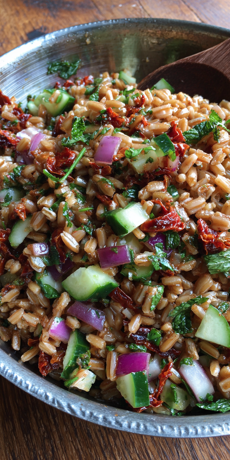 Sun Dried Tomato Farro Salad served warm with cozy spices
