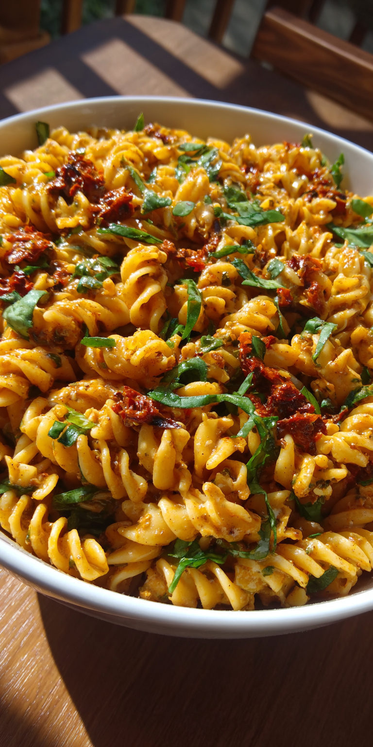 Sun Dried Tomato Pesto Pasta Salad served warm with cozy spices