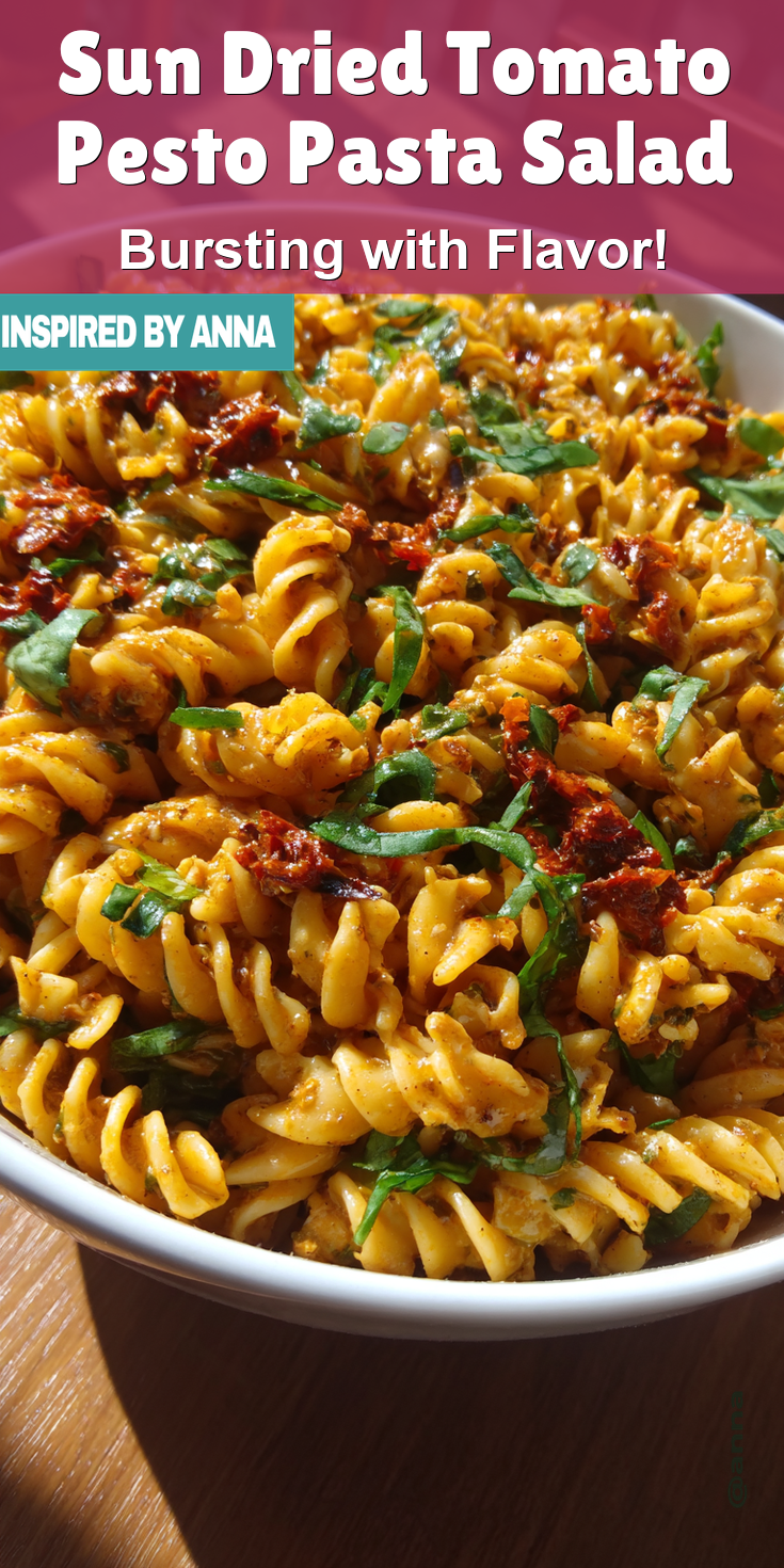 Sun Dried Tomato Pesto Pasta Salad served warm with cozy spices