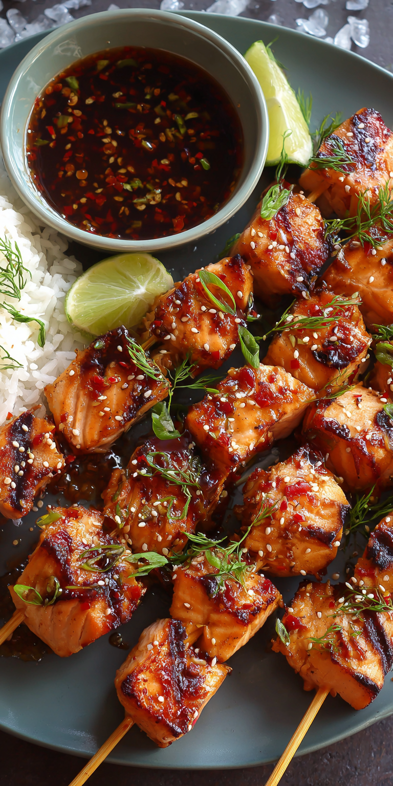 Sweet Chili Salmon Skewers served warm with cozy spices