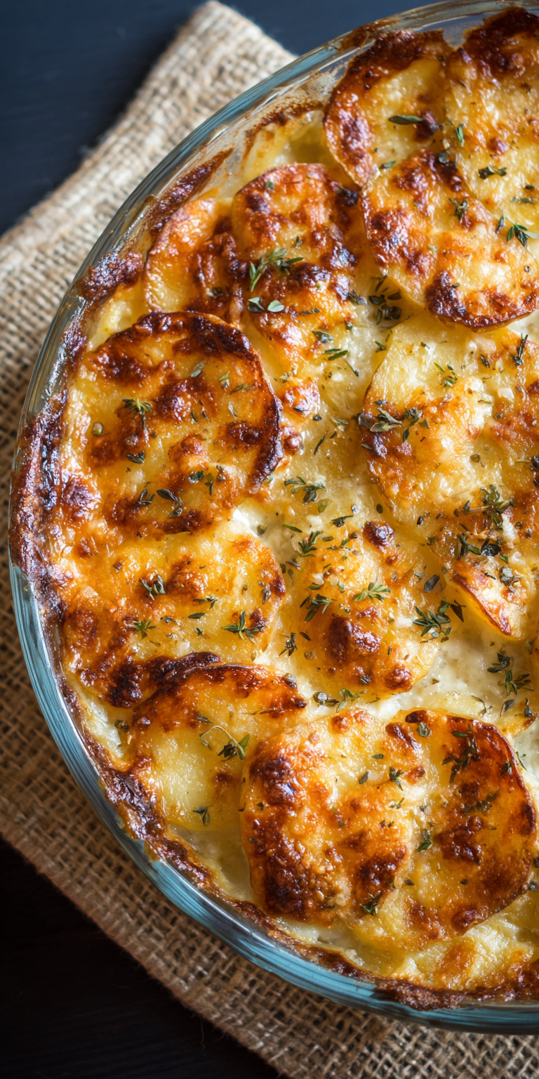 Three Cheese Scalloped Potatoes served warm with cozy spices