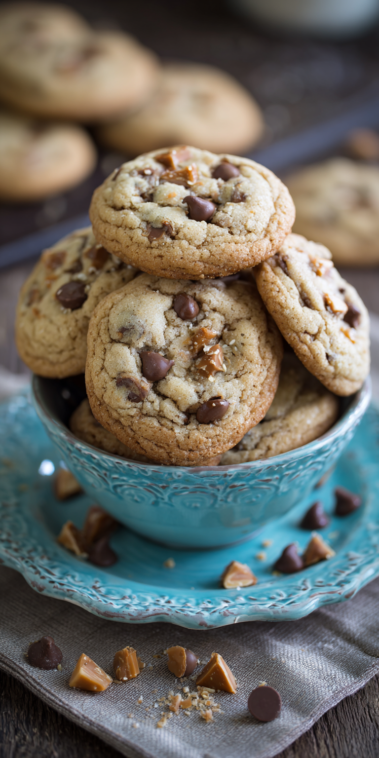 Toffee Bit Chocolate Chip Cookies served warm with cozy spices