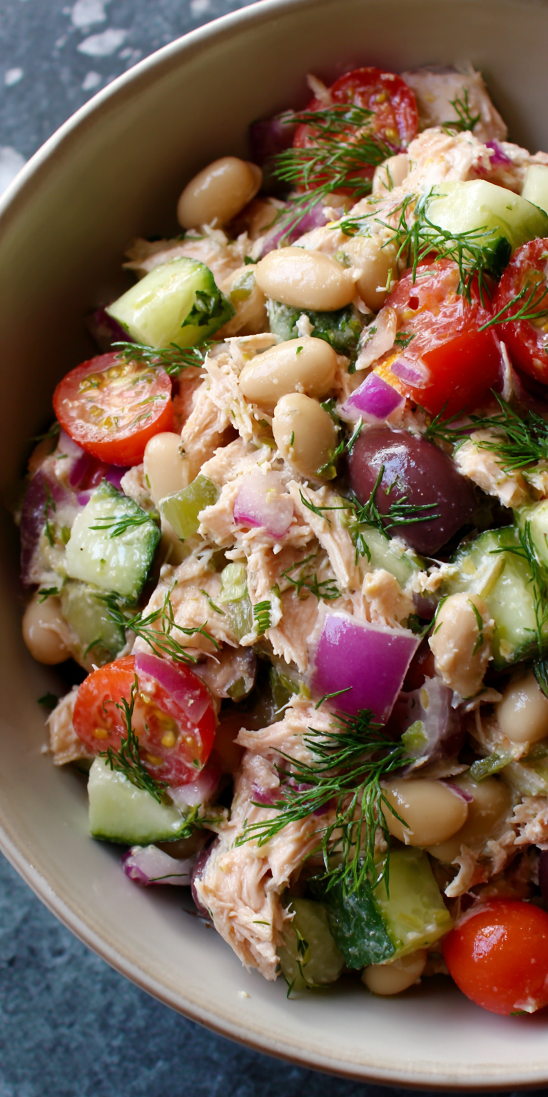 Tuna and White Bean Mediterranean Salad served warm with cozy spices