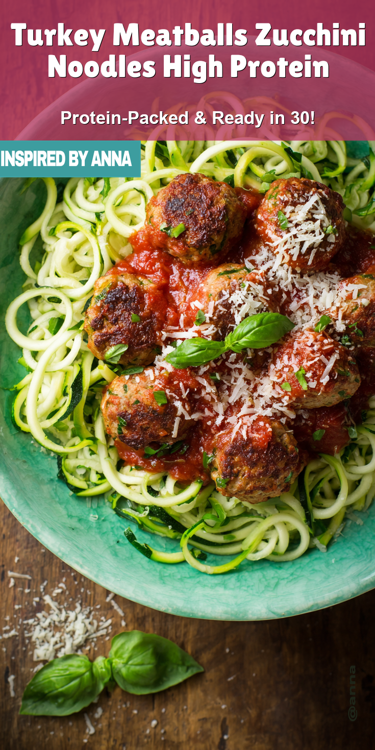 Turkey Meatballs Zucchini Noodles High Protein served on a plate