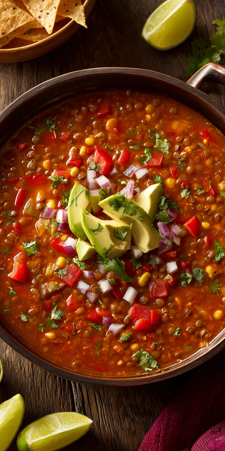 Vegetarian Lentil Tortilla Soup served warm with cozy spices