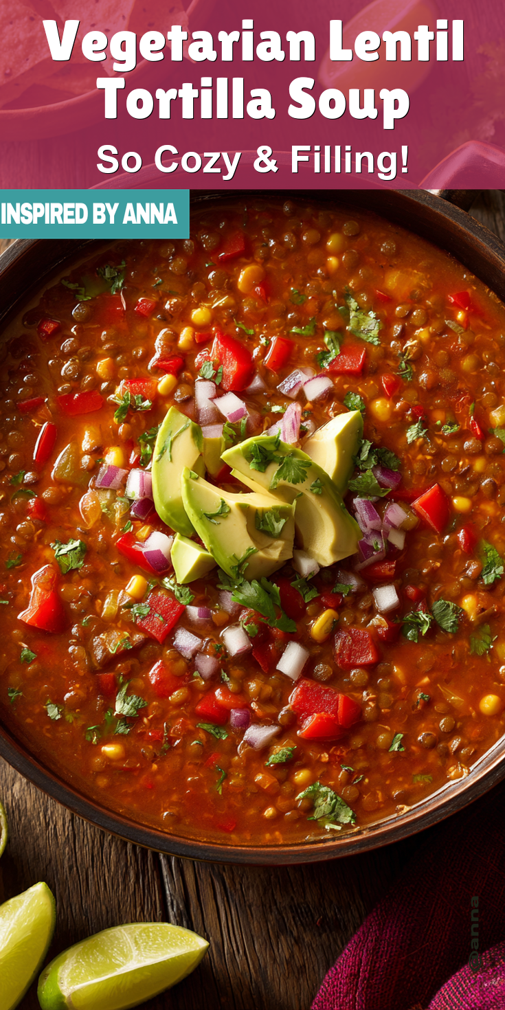Vegetarian Lentil Tortilla Soup served warm with cozy spices