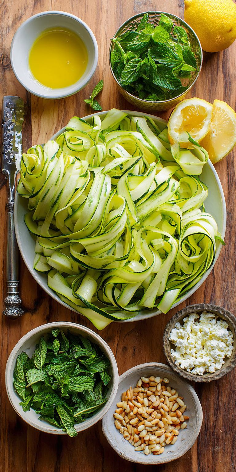 Zucchini Ribbon and Pine Nut Salad served warm with cozy spices