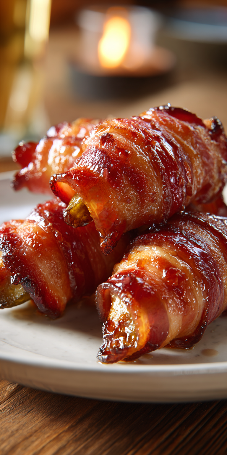 Bacon-Wrapped Pickles Appetizer served warm with cozy spices