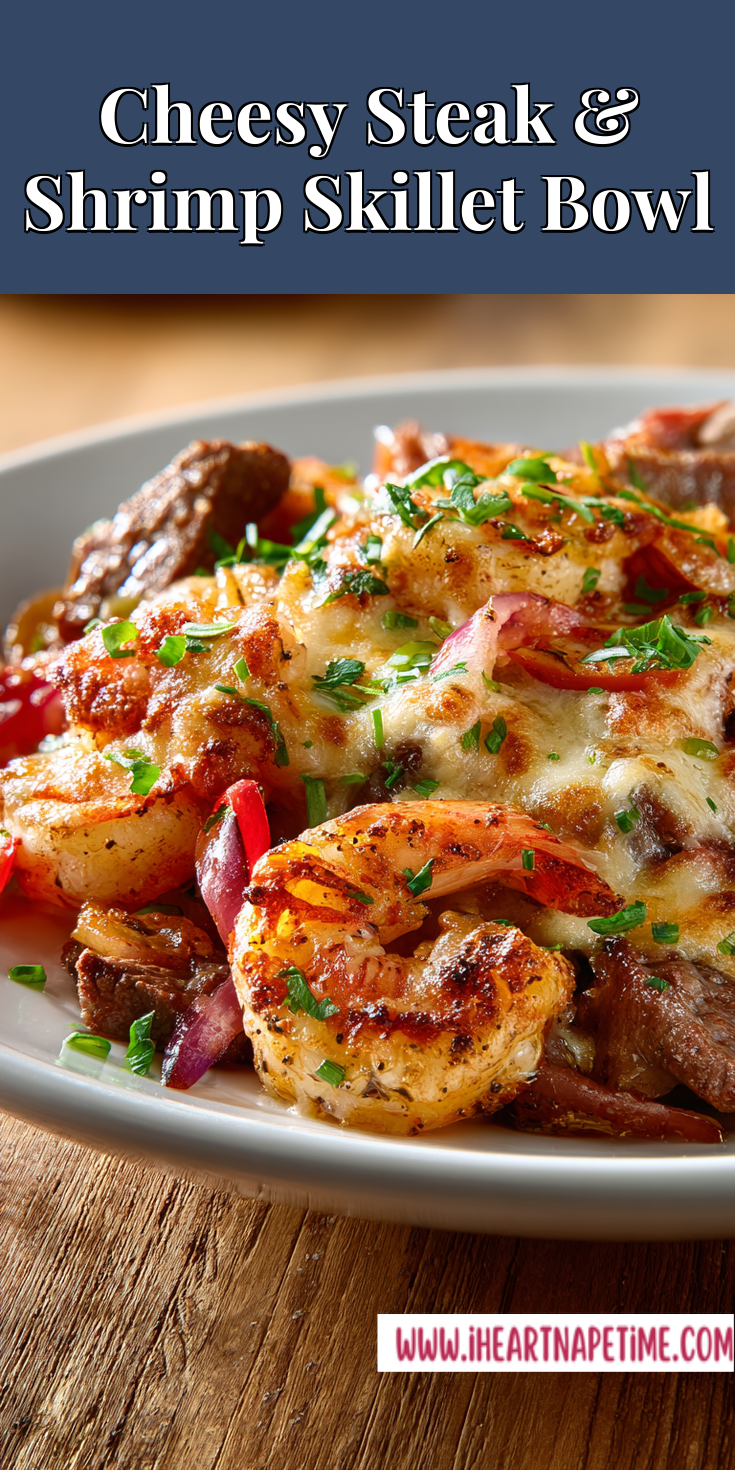 Cheesy Steak & Shrimp Skillet Bowl served warm with cozy spices