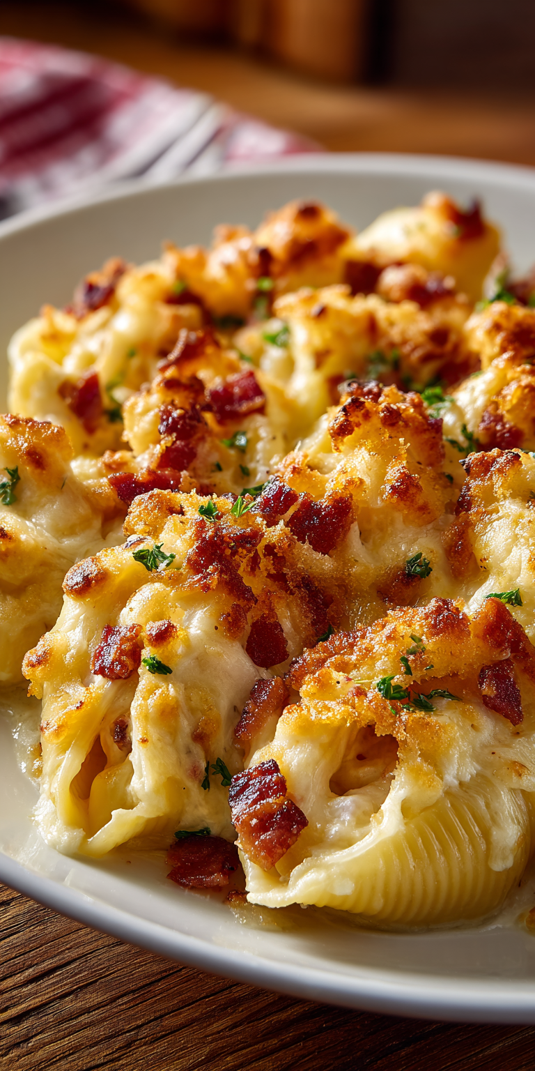 Creamy Loaded Bacon Mac and Cheese Stuffed Shells Delight! Recipe
