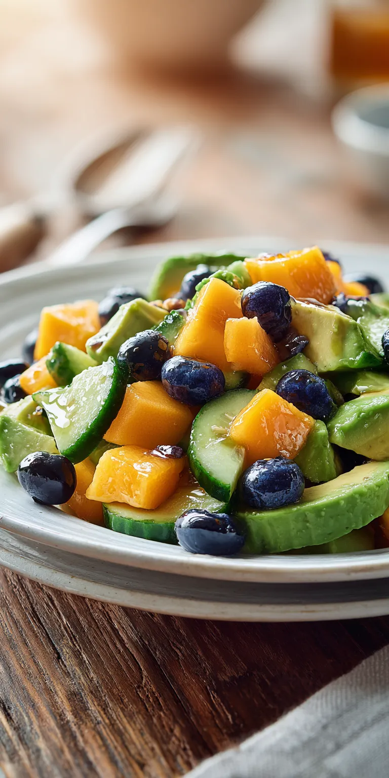 Mango Cucumber Salad with Blueberries and Avocado served warm with cozy spices