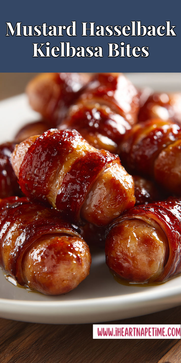 Mustard Hasselback Kielbasa Bites served warm with cozy spices