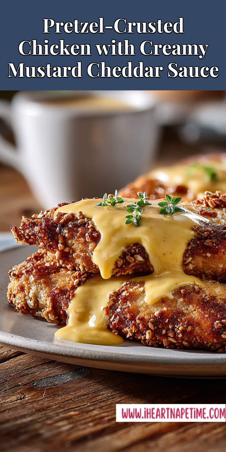 Pretzel-Crusted Chicken with Creamy Mustard Cheddar Sauce served warm with cozy spices